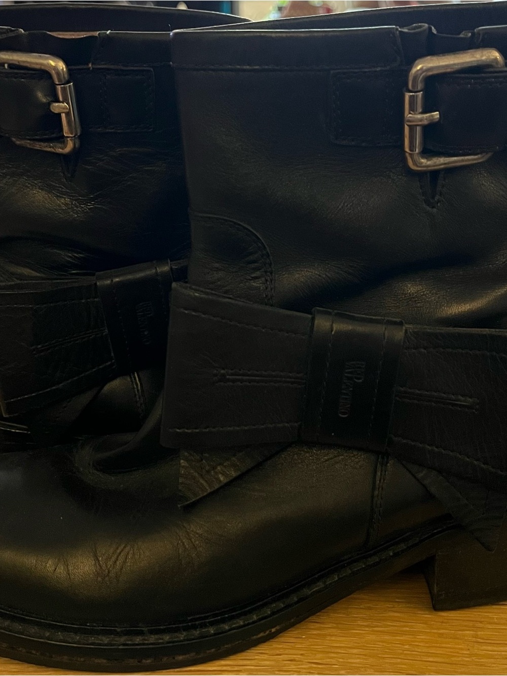 RED Valentino Black Leather Bow Moto Ankle Boots - Made in Italy